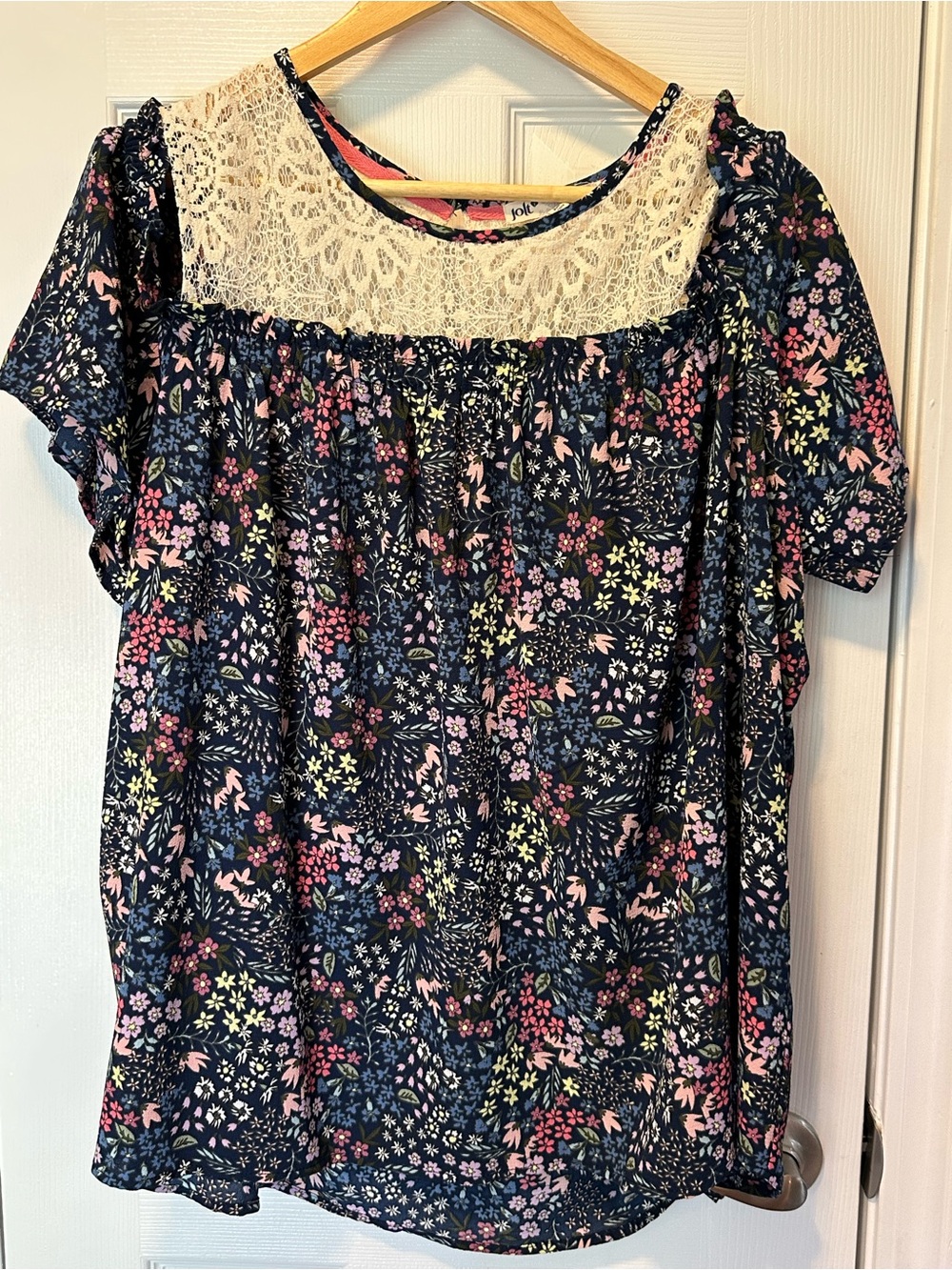 Jolt Navy Floral Blouse with Cream Lace Yoke